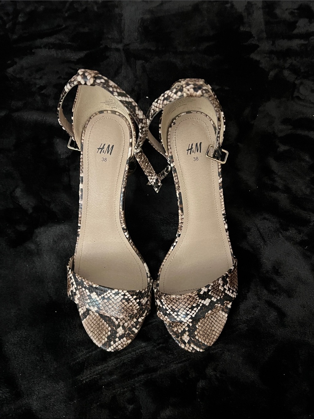 H&M Beige and Black Snake-Print Ankle Strap Heels